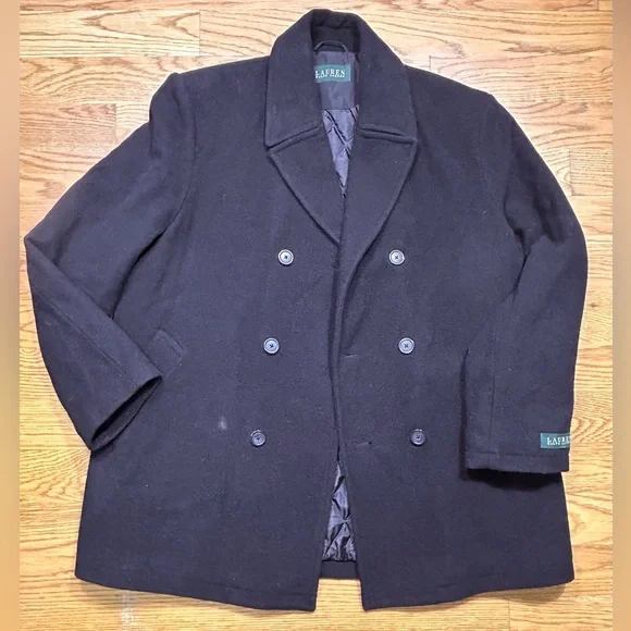 Lauren Ralph Lauren Men’s Wool Peacoat 48R XL Black Double-Breasted Classic Coat - Picture 2 of 7